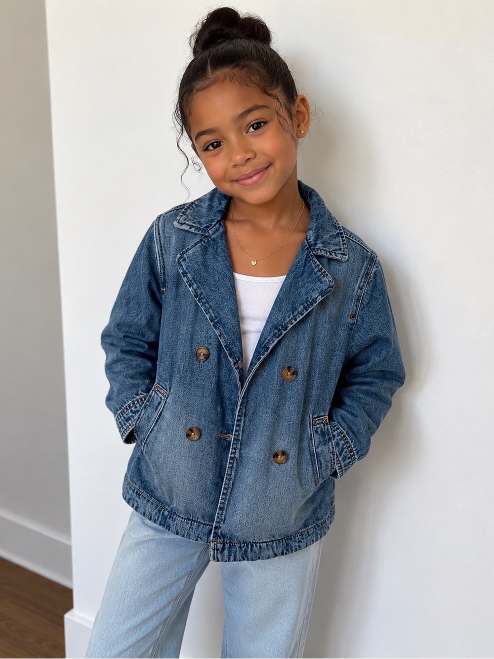 H&M Girls' Blue Denim Double-Breasted Jean Jacket Size 6X